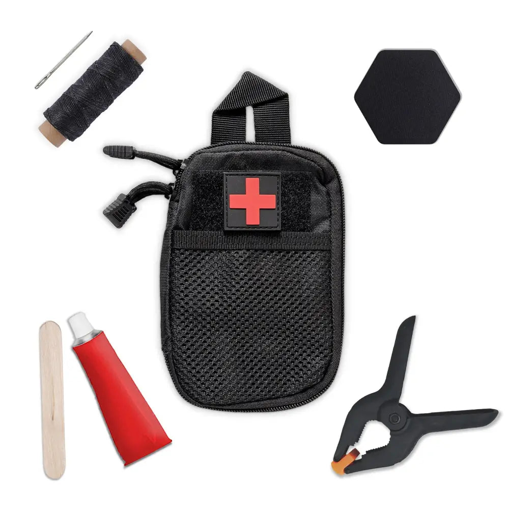 I.F.R.K. Individual Footwear Repair Kit with black medical tools and red cross