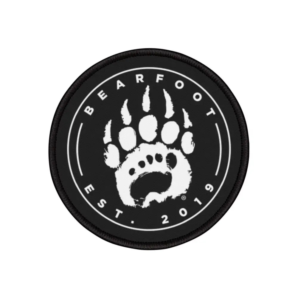Black bear paw iron-on patch with white logo, established 2019