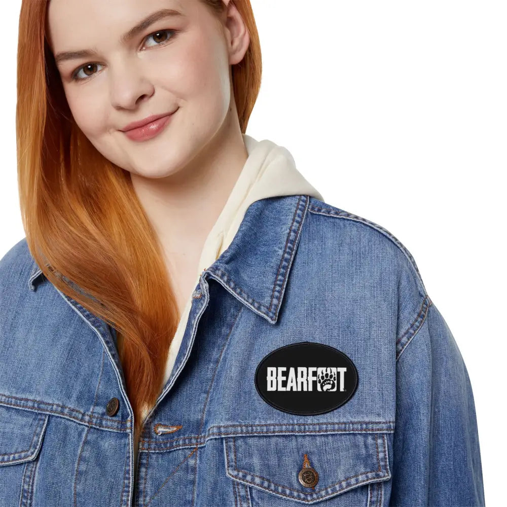 Blue denim jacket with bear logo iron-on patch