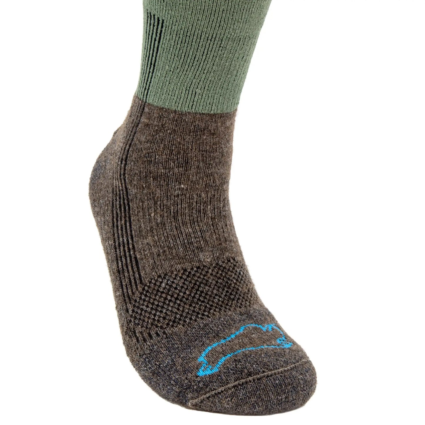 Kenai ultralight boot sock in dark brown with olive green cuff for barefoot boots