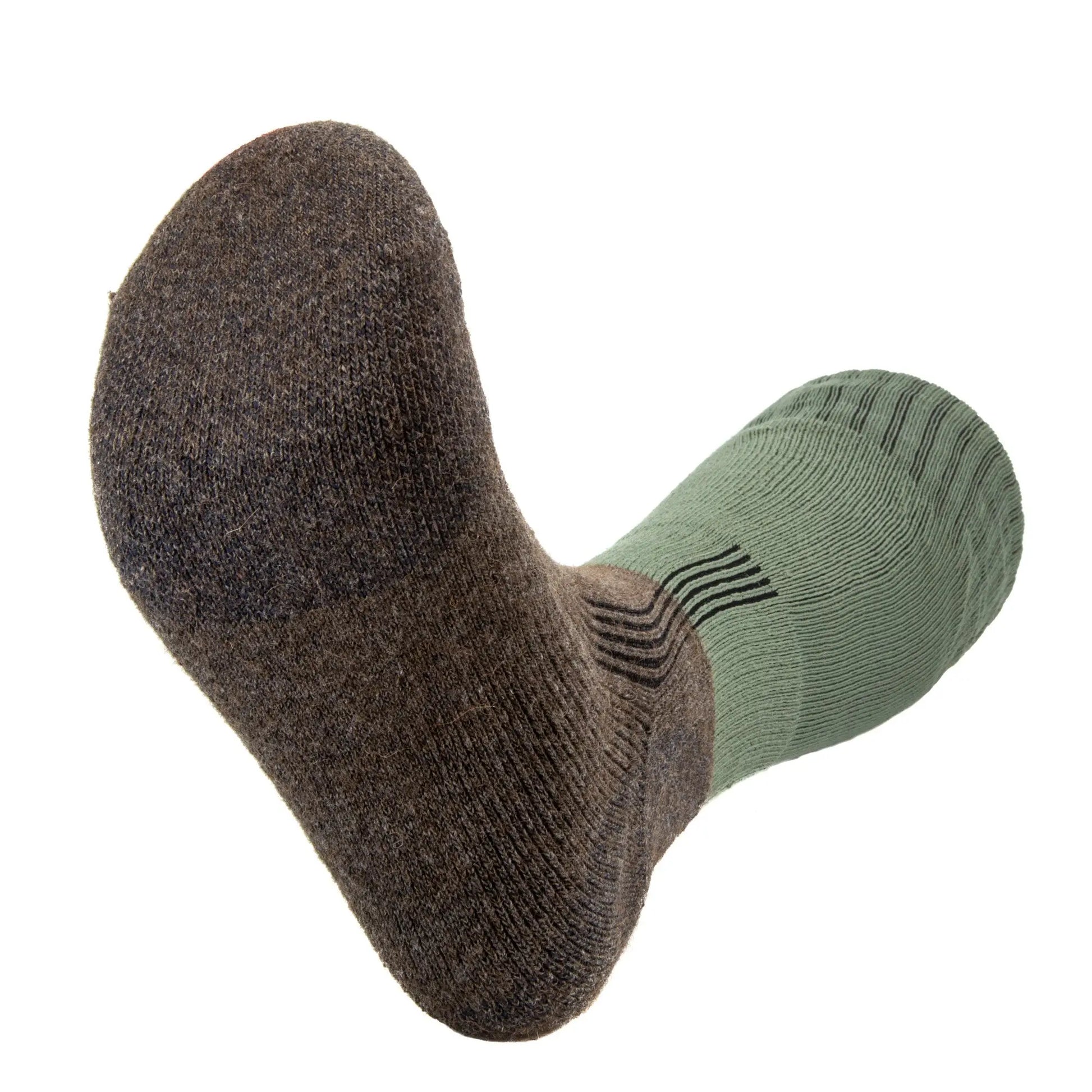 Kenai ultralight gear boot sock with brown foot and olive green cuff