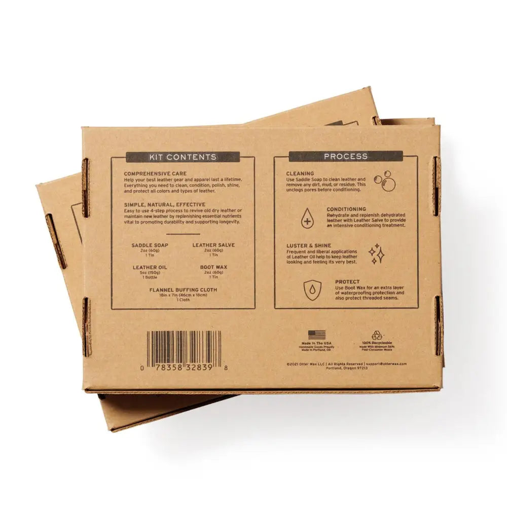 Brown leather care kit with black text, design, and compartments