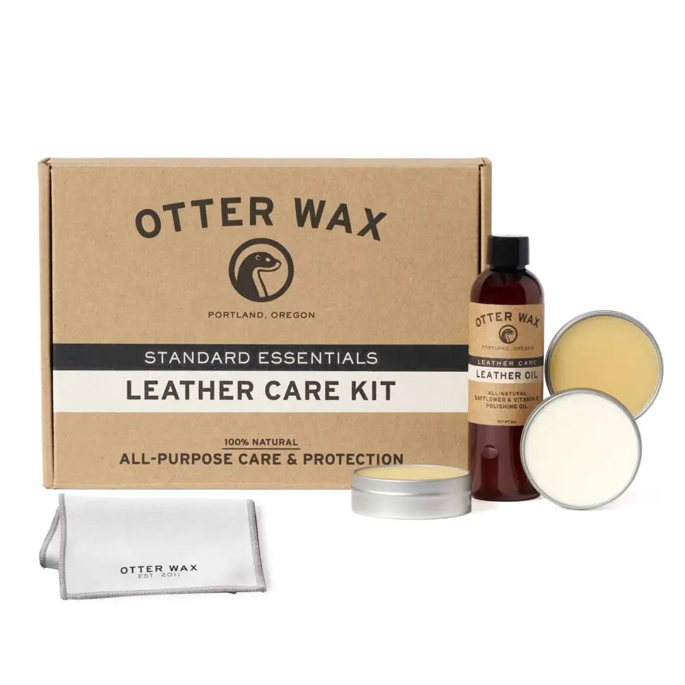 Otter Wax Leather Care Kit in beige box with natural oils