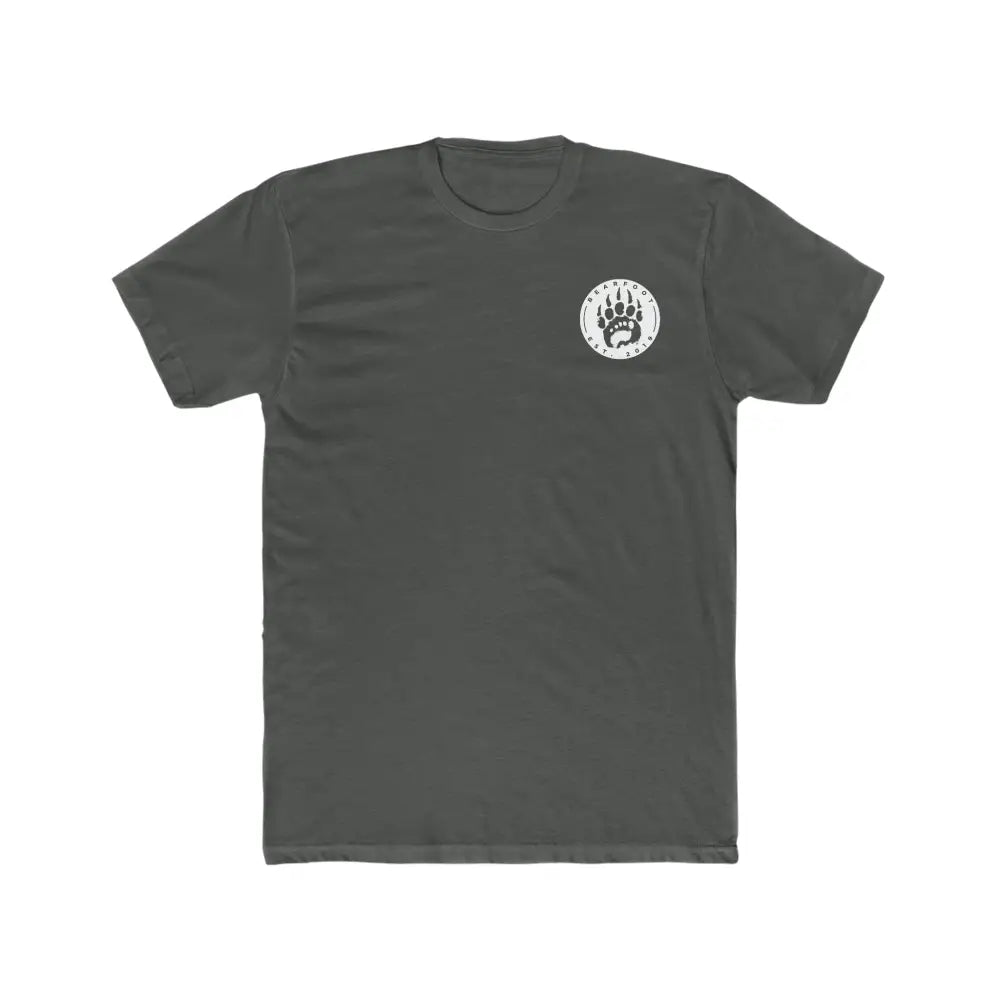 Mens fitted short sleeve emblem tee in charcoal gray with white bear paw graphic, cotton
