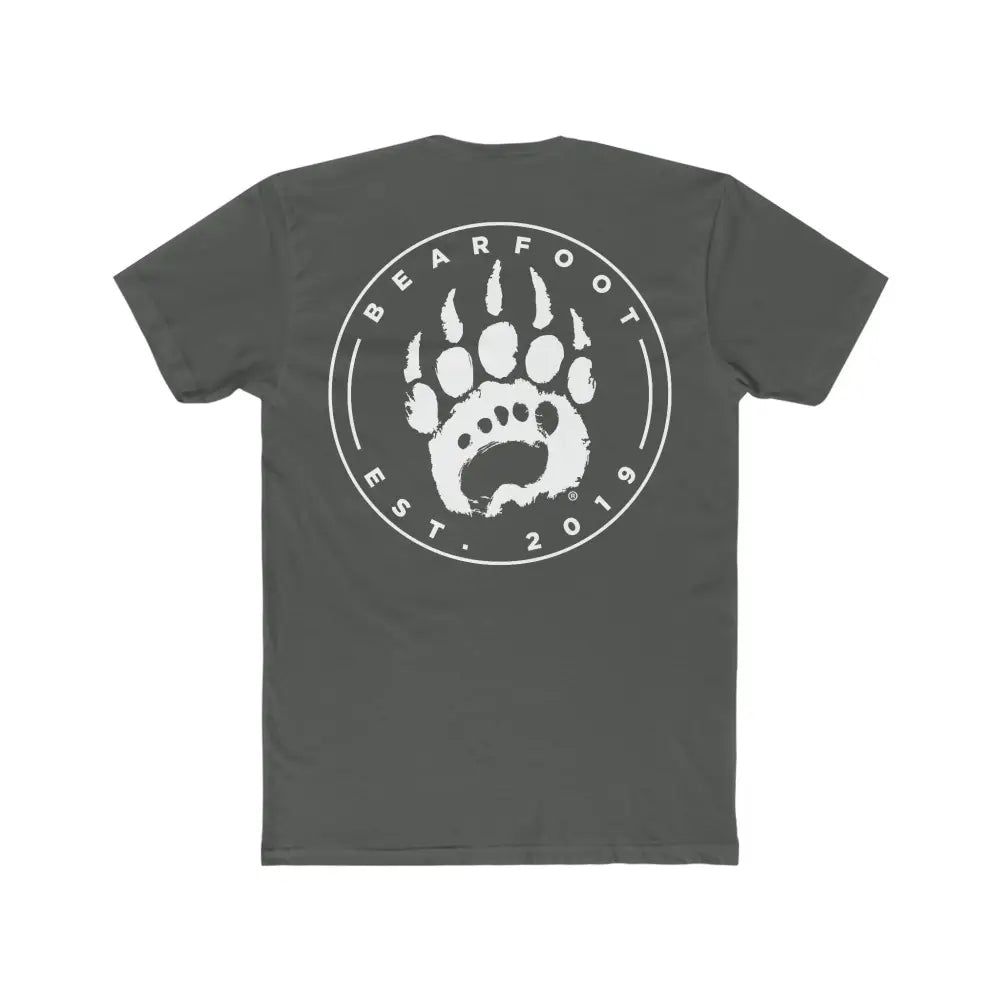 Premium fitted short sleeve emblem: charcoal gray Men’s tee with white bear paw and bearfoot est