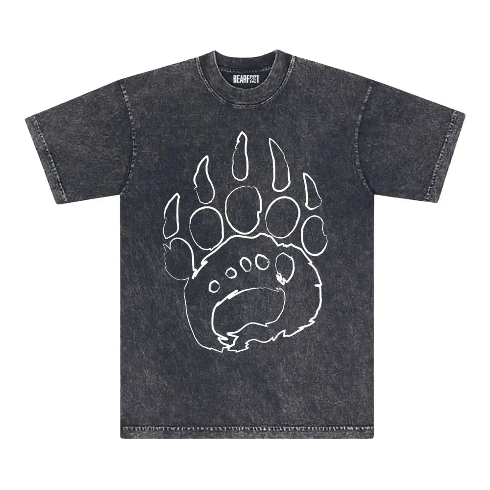 Oversized mineral wash tee with charcoal bear paw print and distressed design