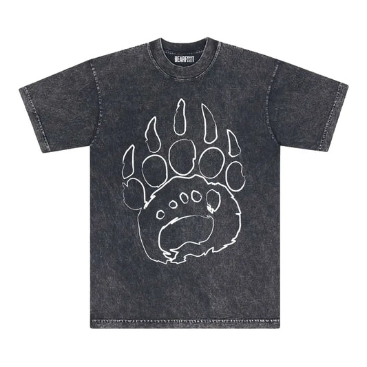 Oversized mineral wash tee with charcoal bear paw print and distressed design