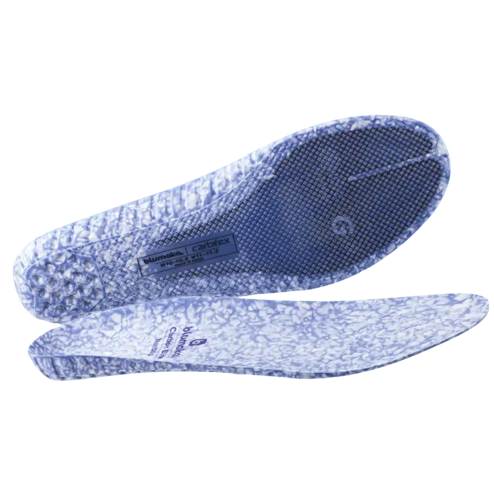 Blue and white patterned Blumoko Carbifex nonslip carbon elite insole
