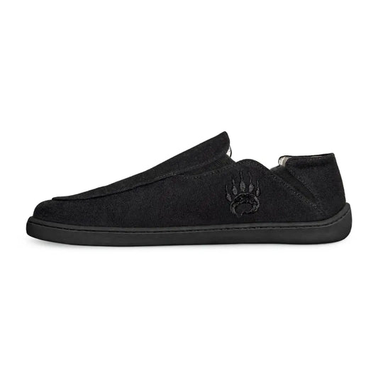 Black canvas barefoot slip-on shoe oso cg2 black with wide toe box and subtle embroidered bear paw logo on side