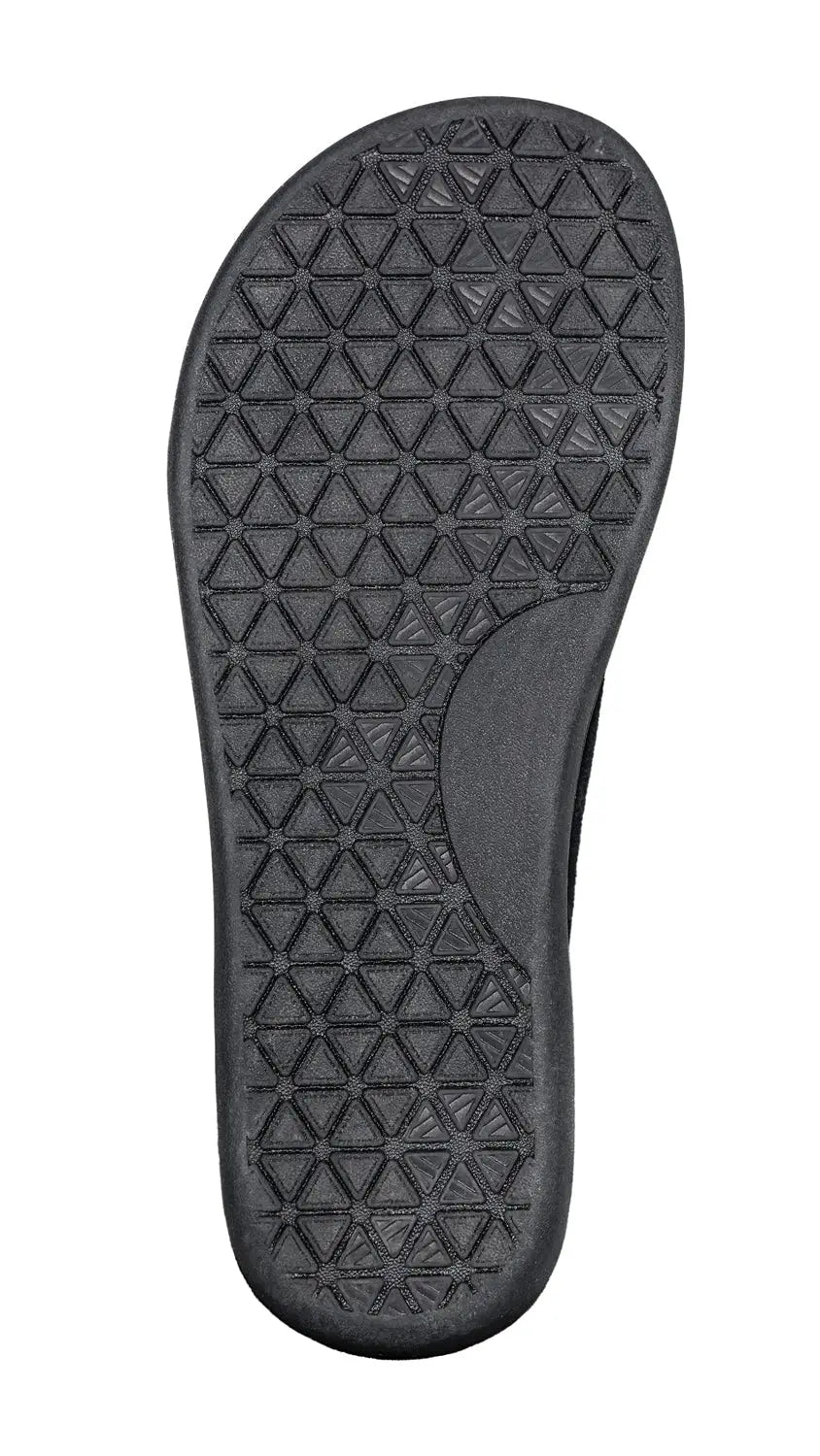 Black rubber sole with geometric triangular tread pattern on the back of oso cg2 black barefoot slip-on shoe with wide toe box