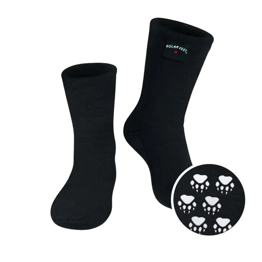 Black Polar Feet Fleece Socks with white paw prints on soles