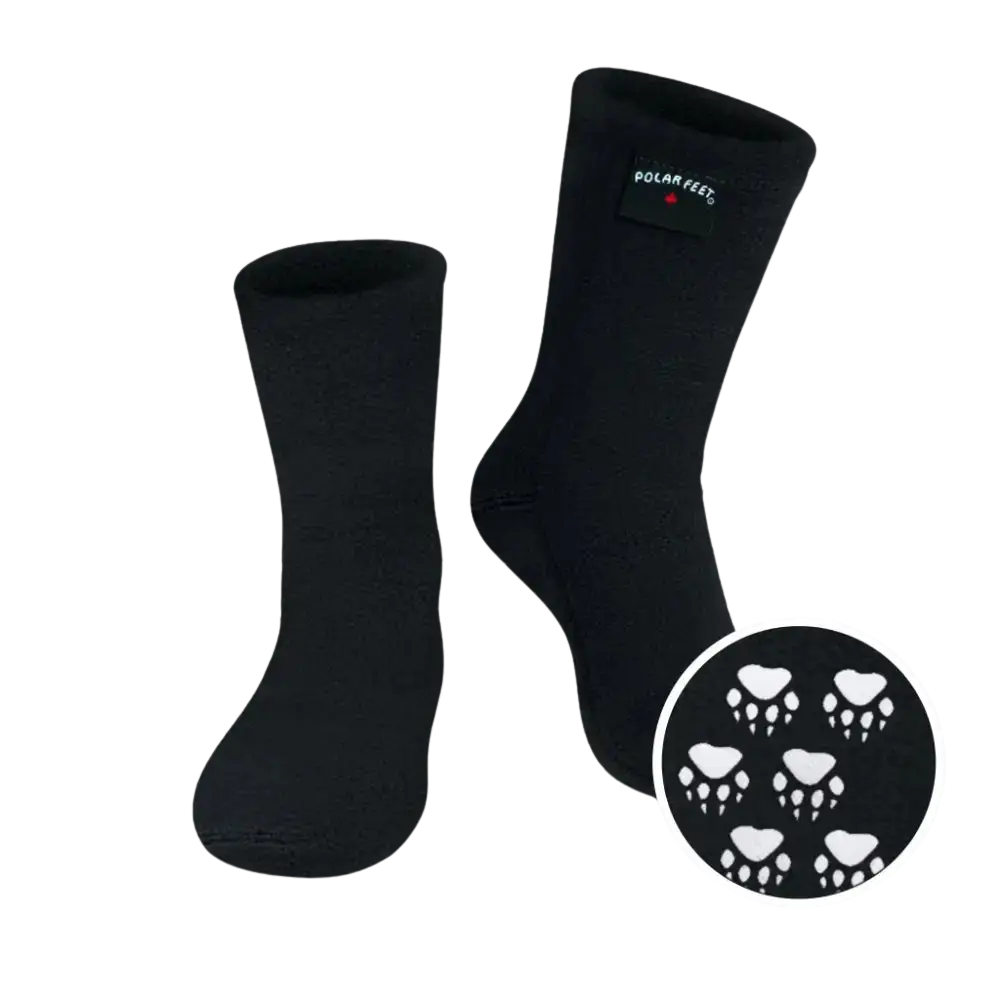 Black Polar Feet super stretchy fleece socks with white paw prints