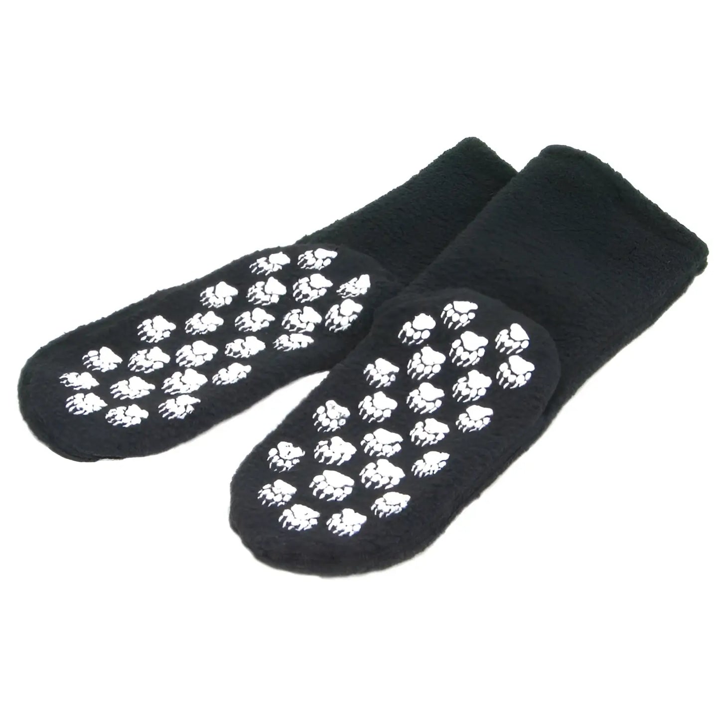 Black Polar Feet fleece socks with white paw prints on soles