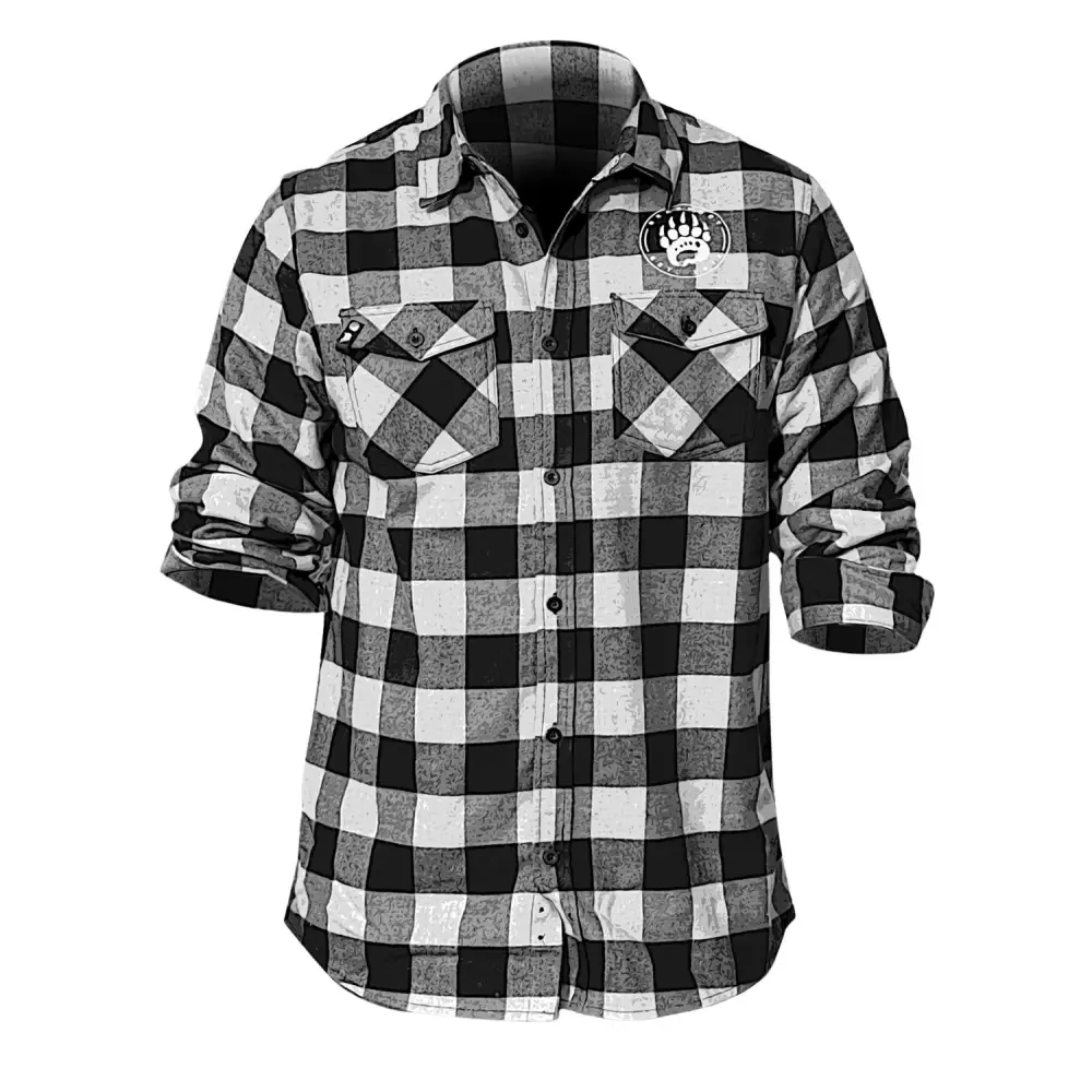 Premium Flannel black and white plaid shirt with bear patch boasts superior softness