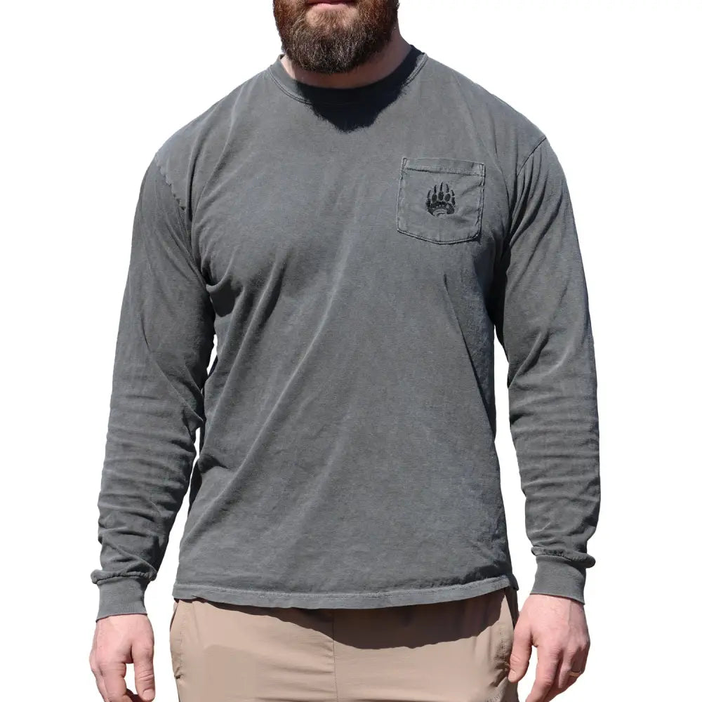 Charcoal gray pigment dye long-sleeve tee with bear pocket logo