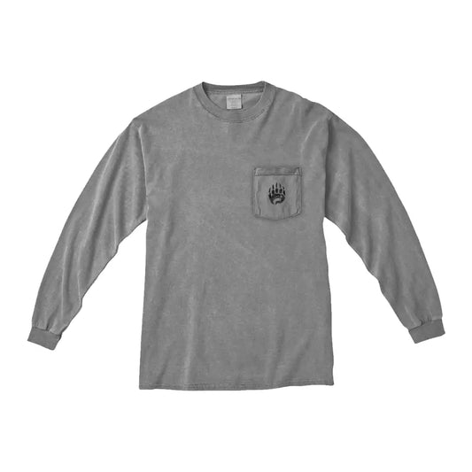 Premium long-sleeve tee in gray pigment dye with bear paw pocket