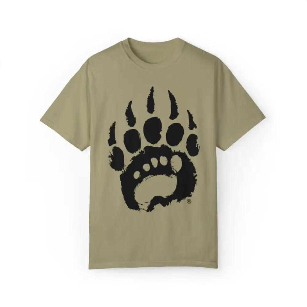 Premium khaki t-shirt with black bear paw print, soft ring-spun cotton