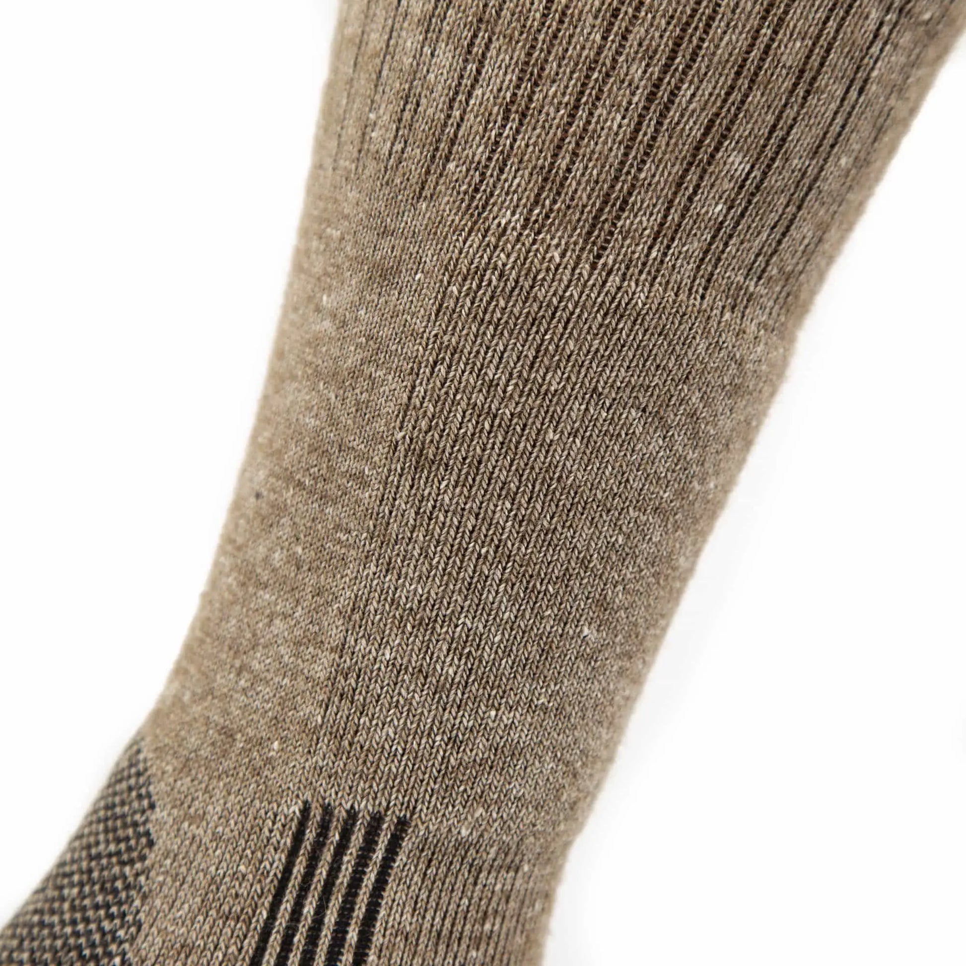 Tan ribbed boot socks with reinforced heel for Pro Gear barefoot boots
