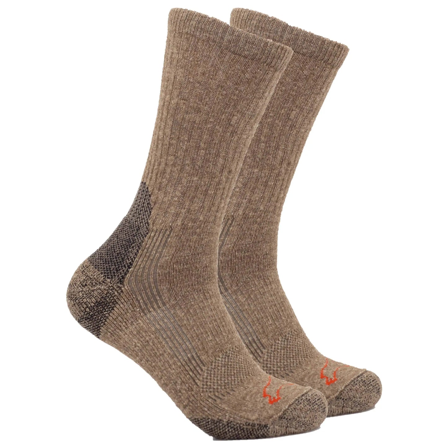 Pro Gear Crew Socks: brown hiking socks with reinforced heel, toe, orange logo