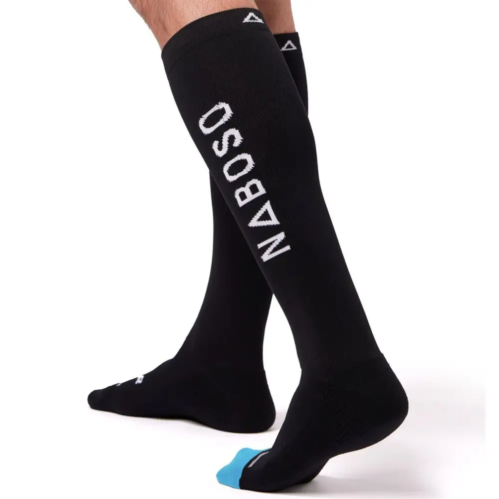 Black Naboso recovery socks with white naboso text and blue toe for knee recovery