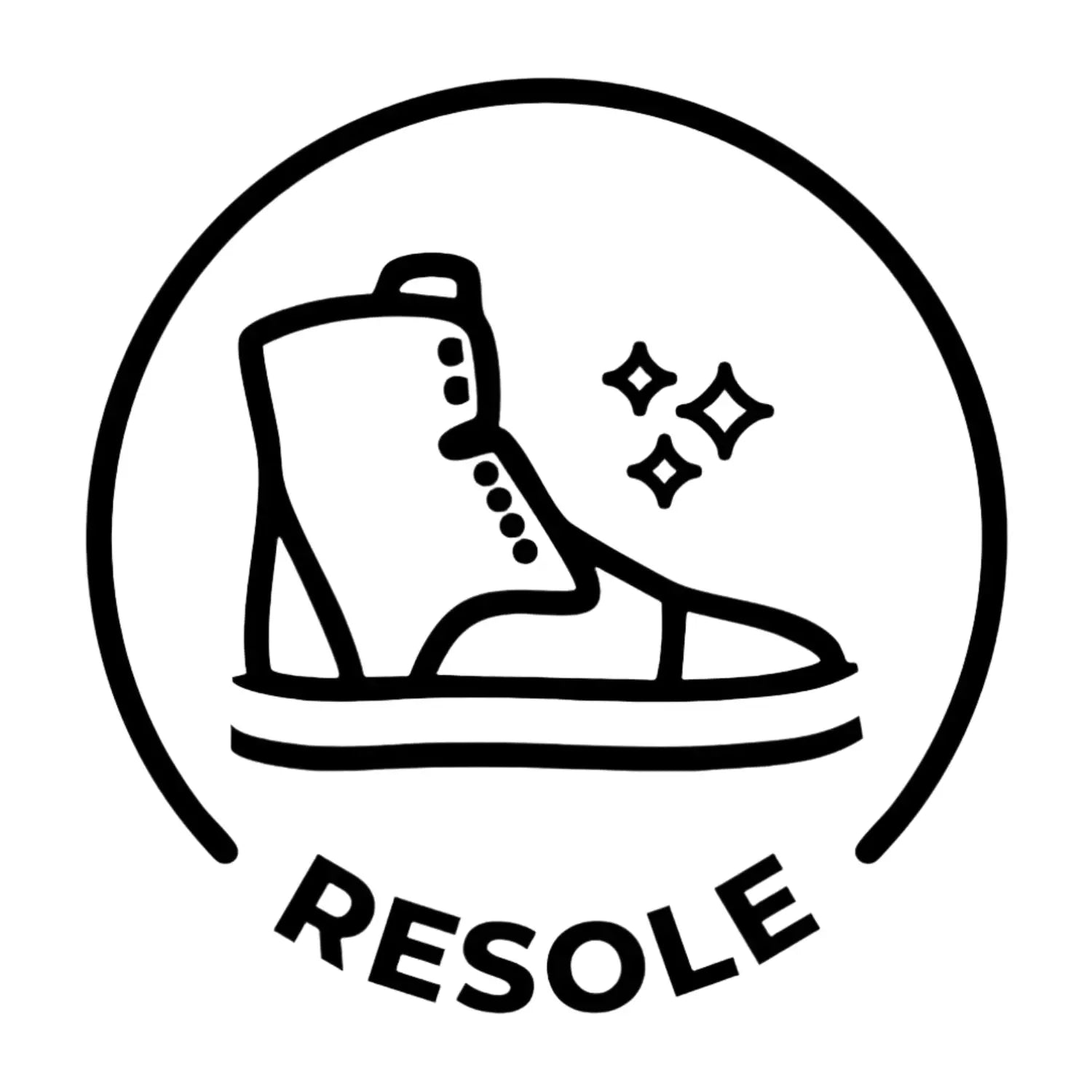 Black line-art boot icon with sparkles and resole text for expert resole service