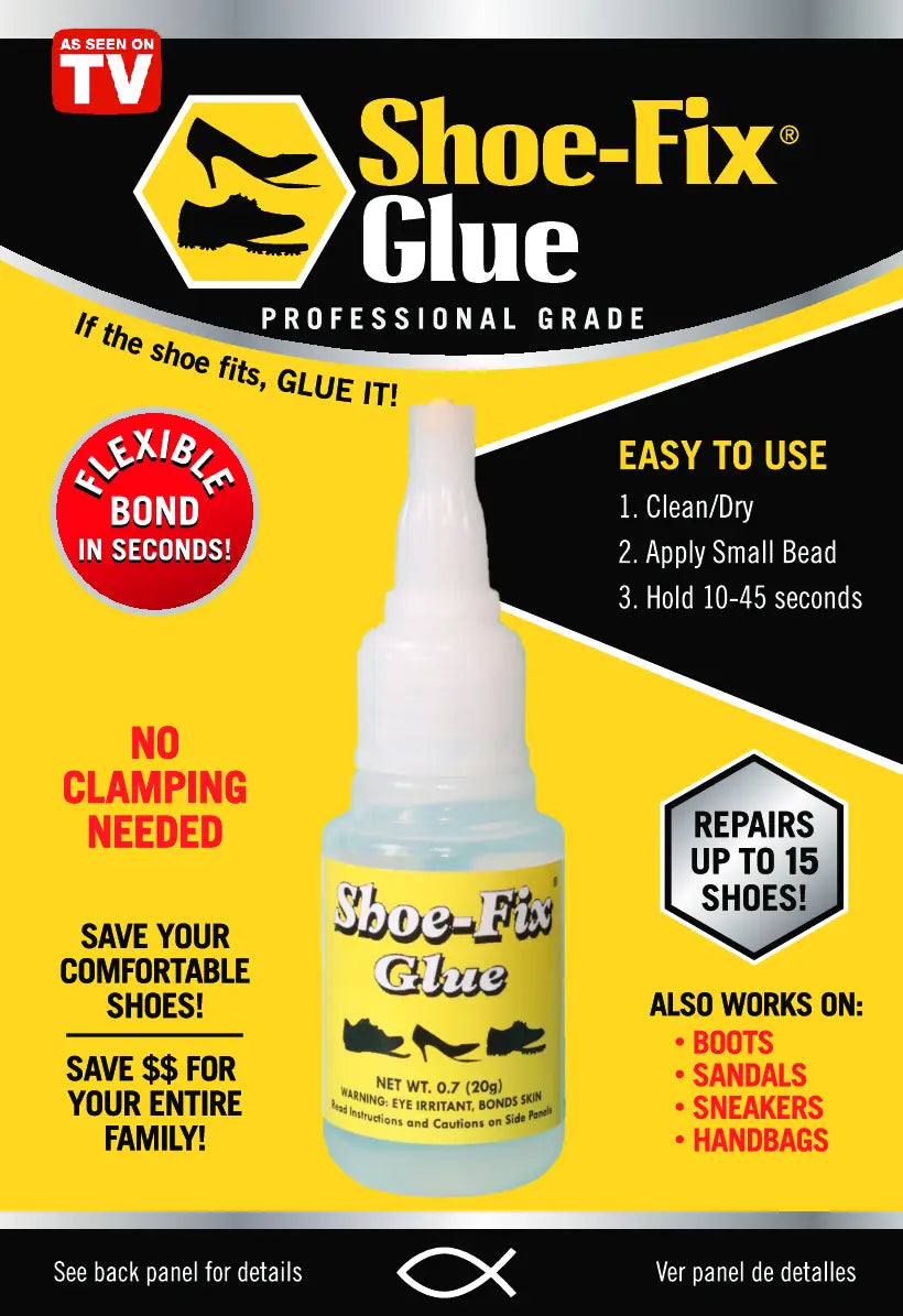 Shoe-Fix Glue bottle with white cap and yellow label