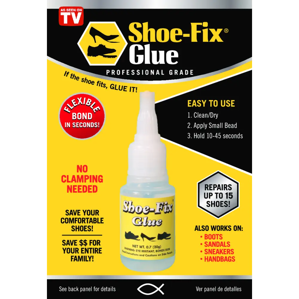 Shoe-Fix Glue bottle with white cap and yellow label
