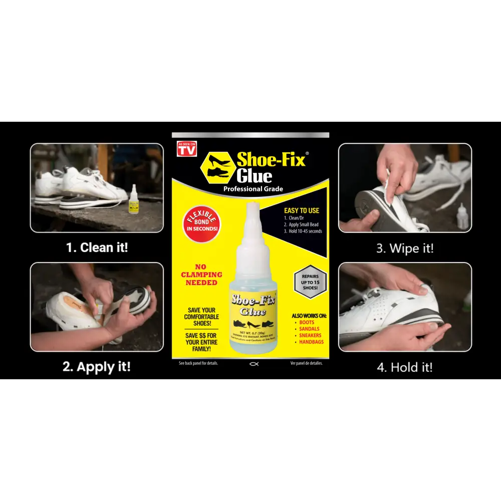 Shoe-Fix Glue bottle with yellow cap and white label for pros