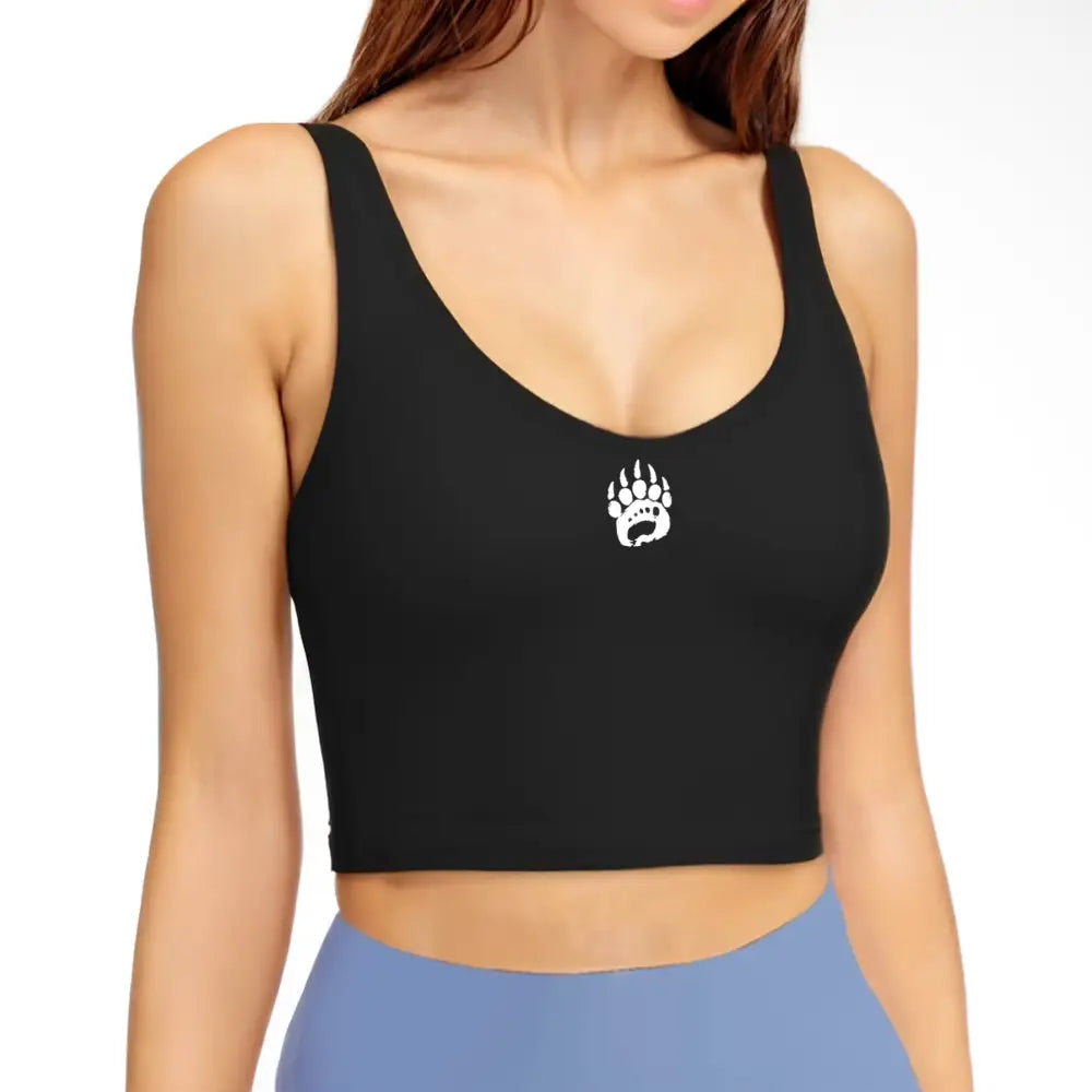 Black sports bra with white bear paw design and removable chest pad