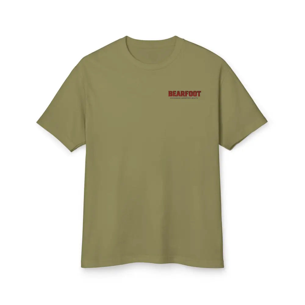 Stand Your Ground olive green t-shirt with red bearfoot barefoot shoes graphic