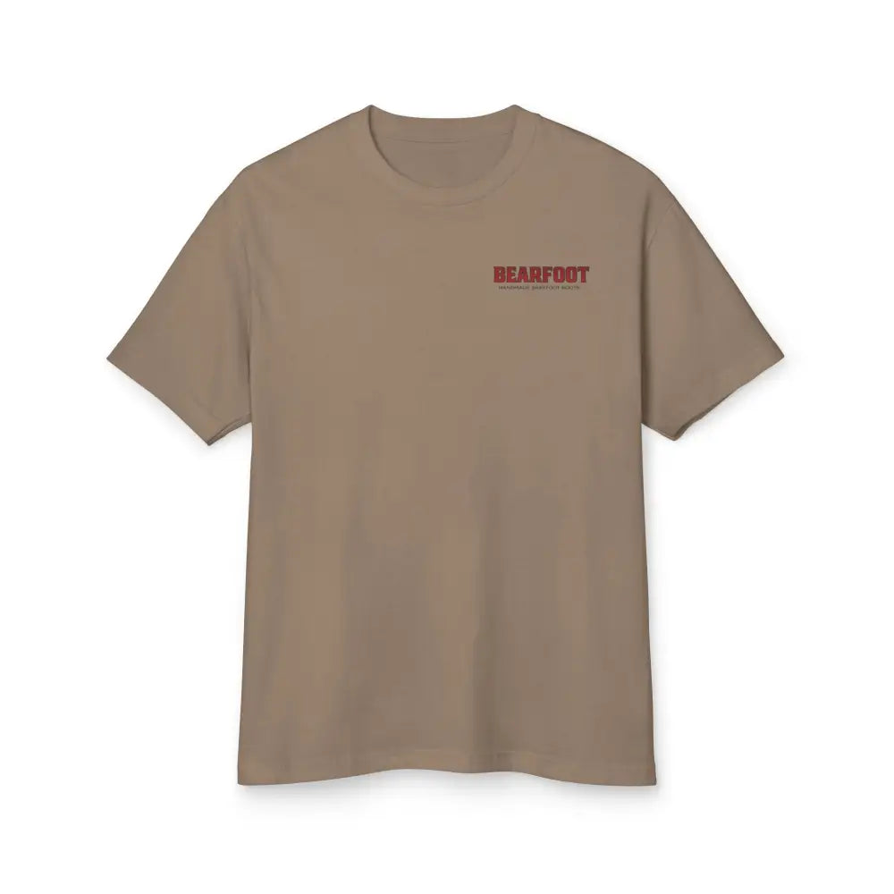 Stand Your Ground graphic tee with red bearfoot text on brown shirt