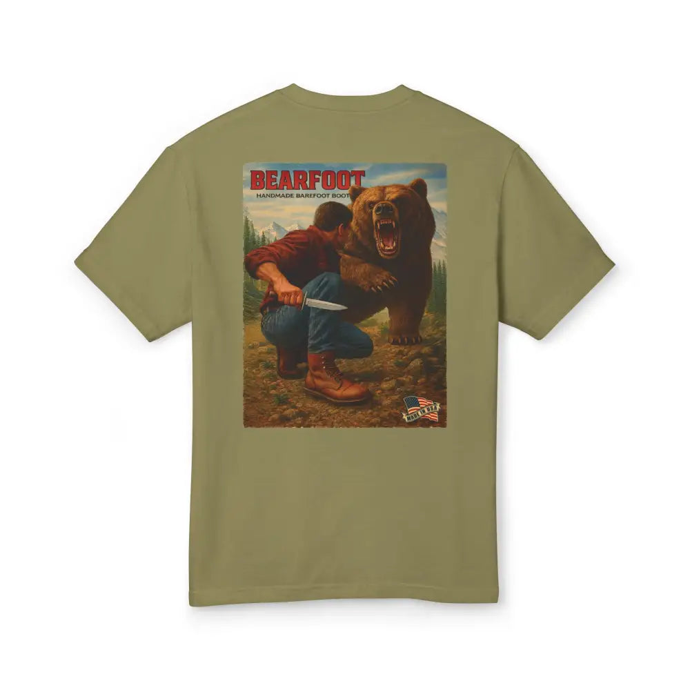 Stand Your Ground olive green tee with bearfoot barefoot shoes graphic