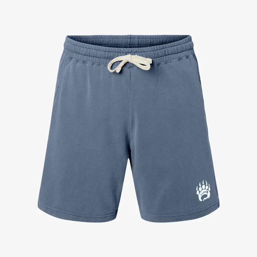 Blue sweat shorts with white bear paw design and drawstring waistband