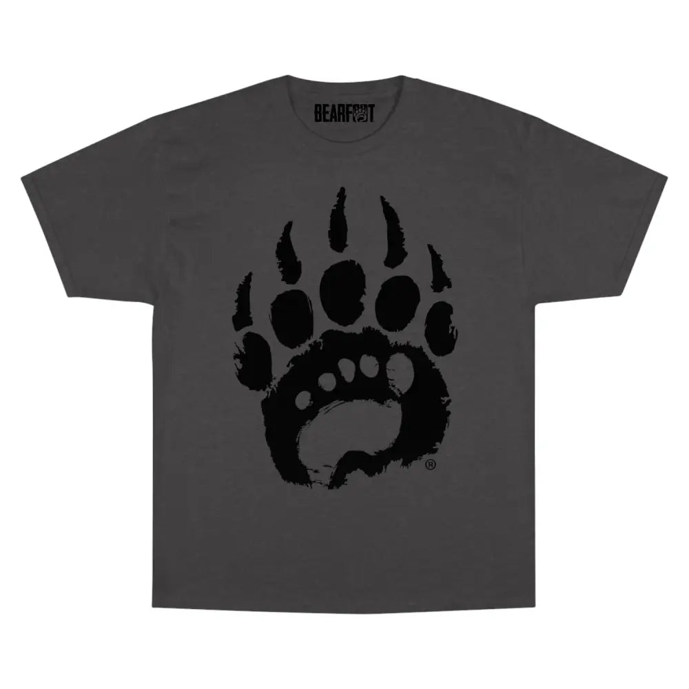 Charcoal gray oversized t-shirt with black bear paw and Bearfoot minimalist footwear logo