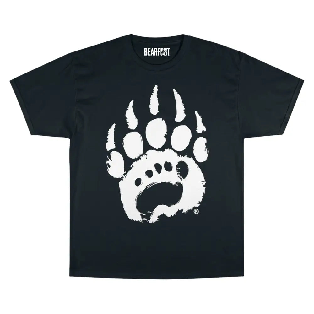 Oversized black t-shirt with white Bearfeet bear paw print, barefoot shoes brand