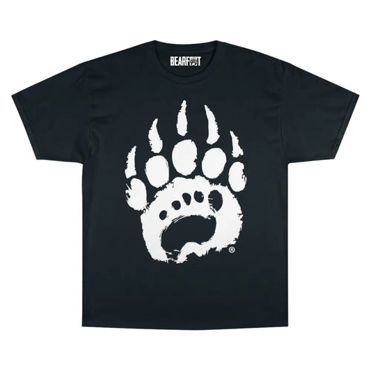 Oversized black t-shirt with white Bearfeet bear paw print, barefoot shoes brand