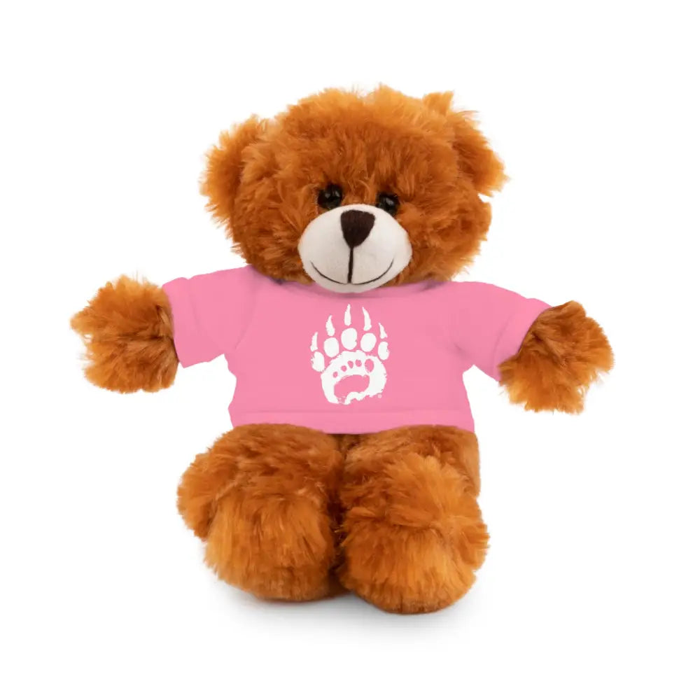 Teddy Bearfoot plush brown bear in pink paw print shirt, polyester fiber fill