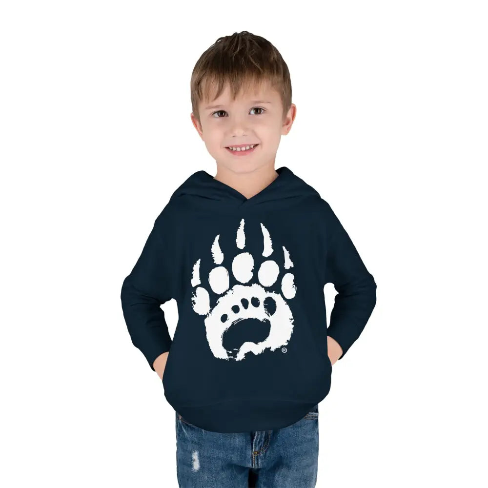 Navy blue toddler bear paw hoodie with jersey-lined double-needle hem