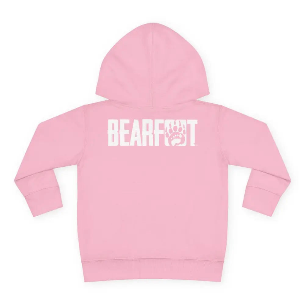 Pink toddler hoodie with barefoot bear, white text, paw prints, polyester medium fabric