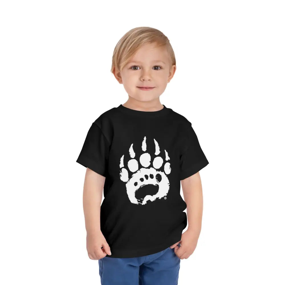 Black toddler tee with white bear paw print, ring-spun cotton tear-away label