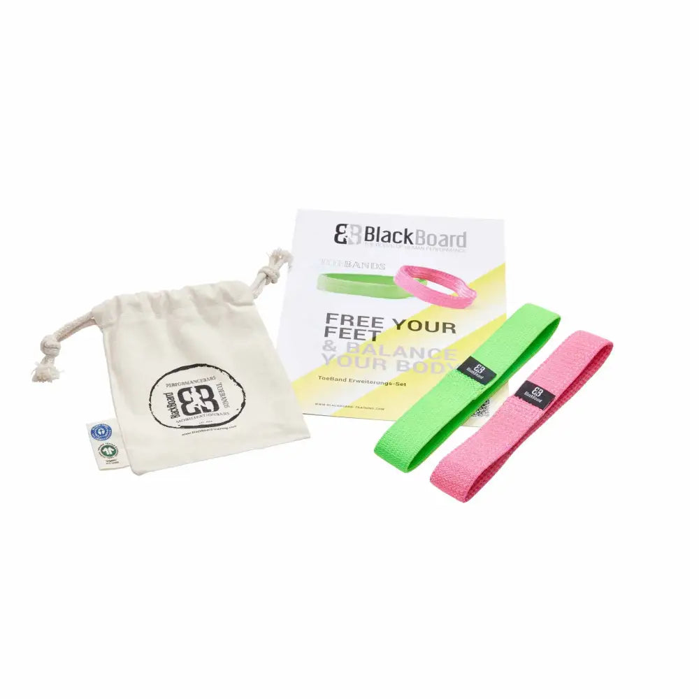 Green and pink tensile strength bands with ER Blackboard pouch for Toe Bands