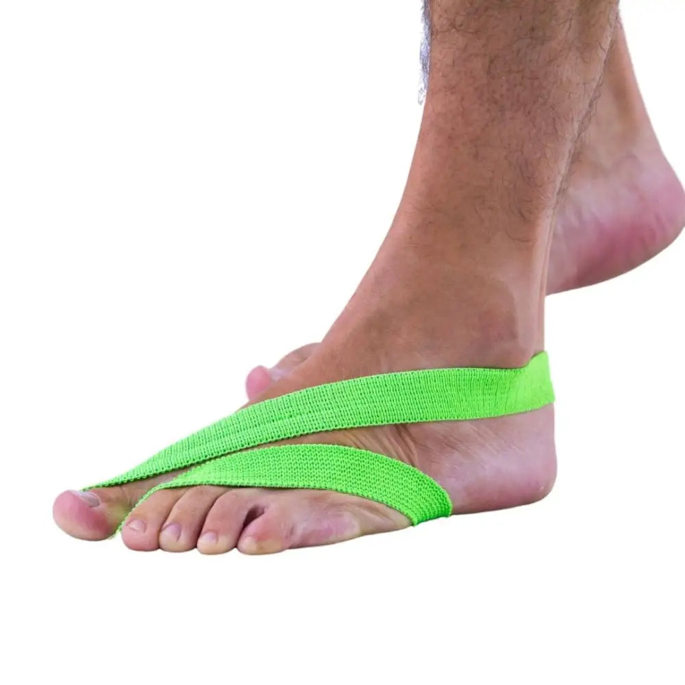 Neon green toe separator strap with adjustable closure for yoga