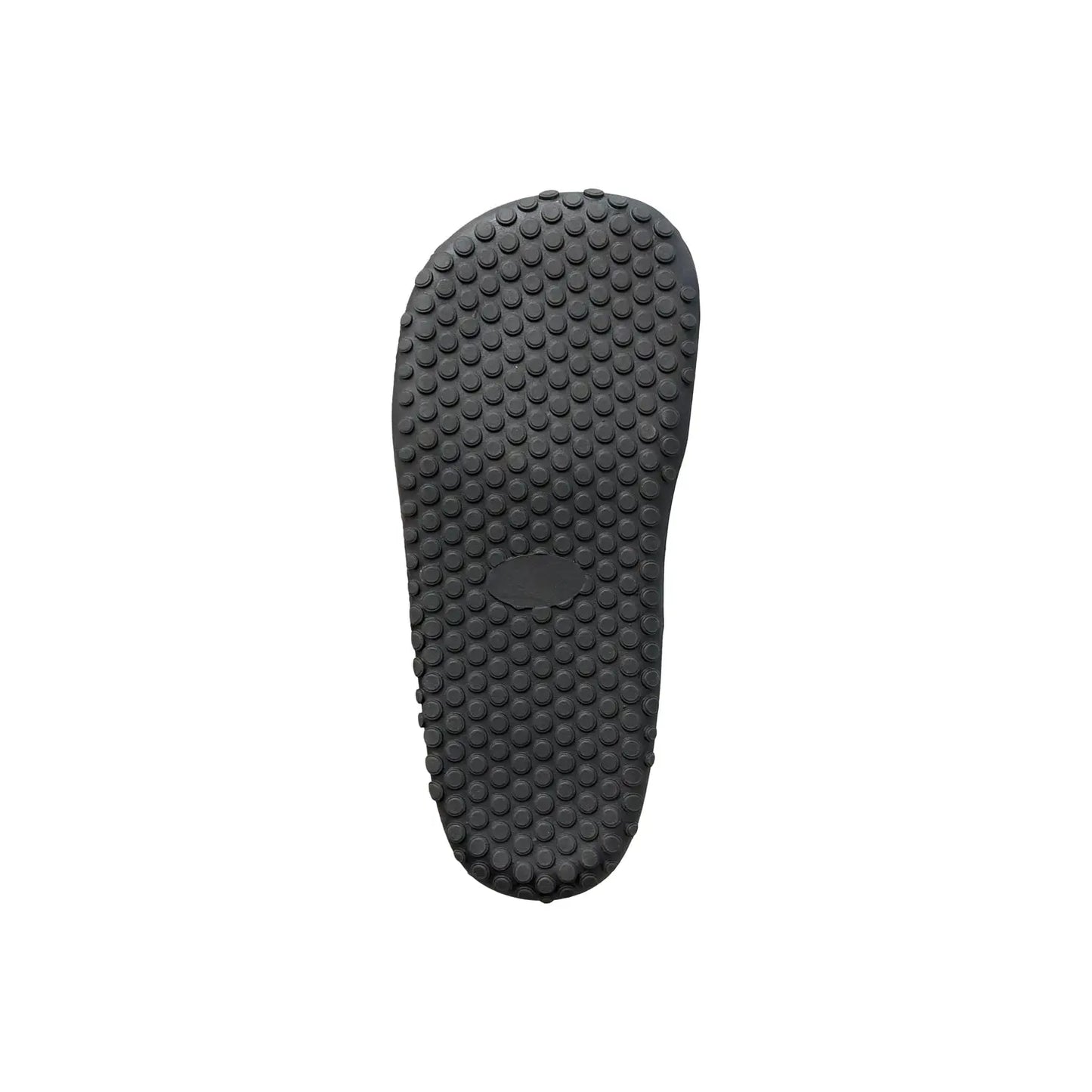 Ursa black shoe with a black rubber sole featuring a textured circular dot pattern for grip and a wide toe box