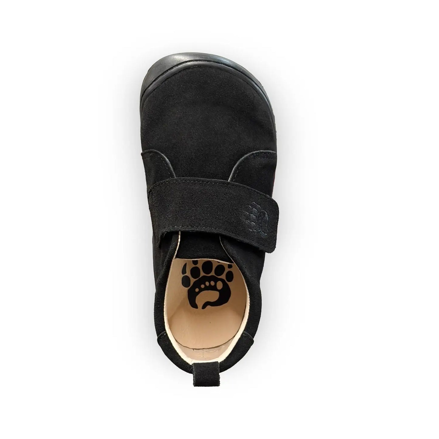 Black suede slip-on shoe Ursa Black with velcro strap and wide toe box featuring paw print logo on insole