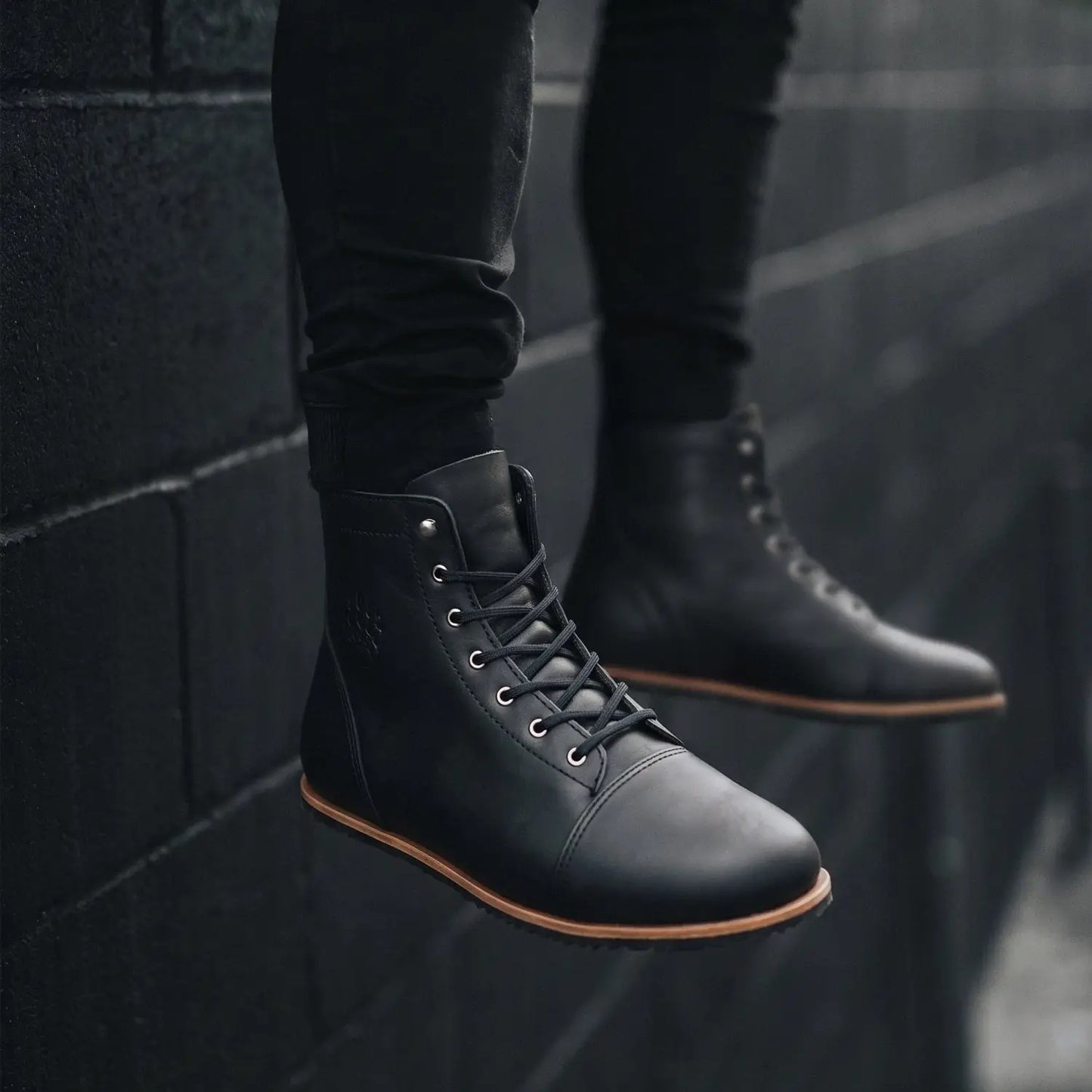 Ursidae dark horse black leather lace-up boots with tan sole and silver eyelets lightweight barefoot boot zero-drop sole