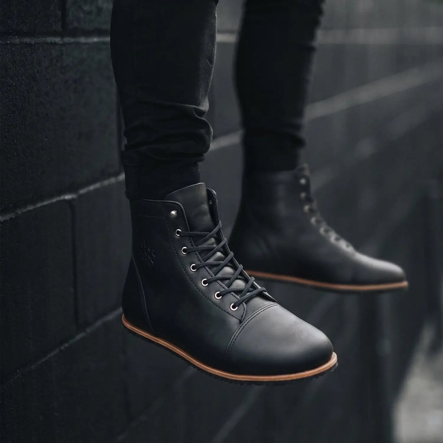 Ursidae dark horse black leather lace-up boots with tan sole and silver eyelets lightweight barefoot boot zero-drop sole