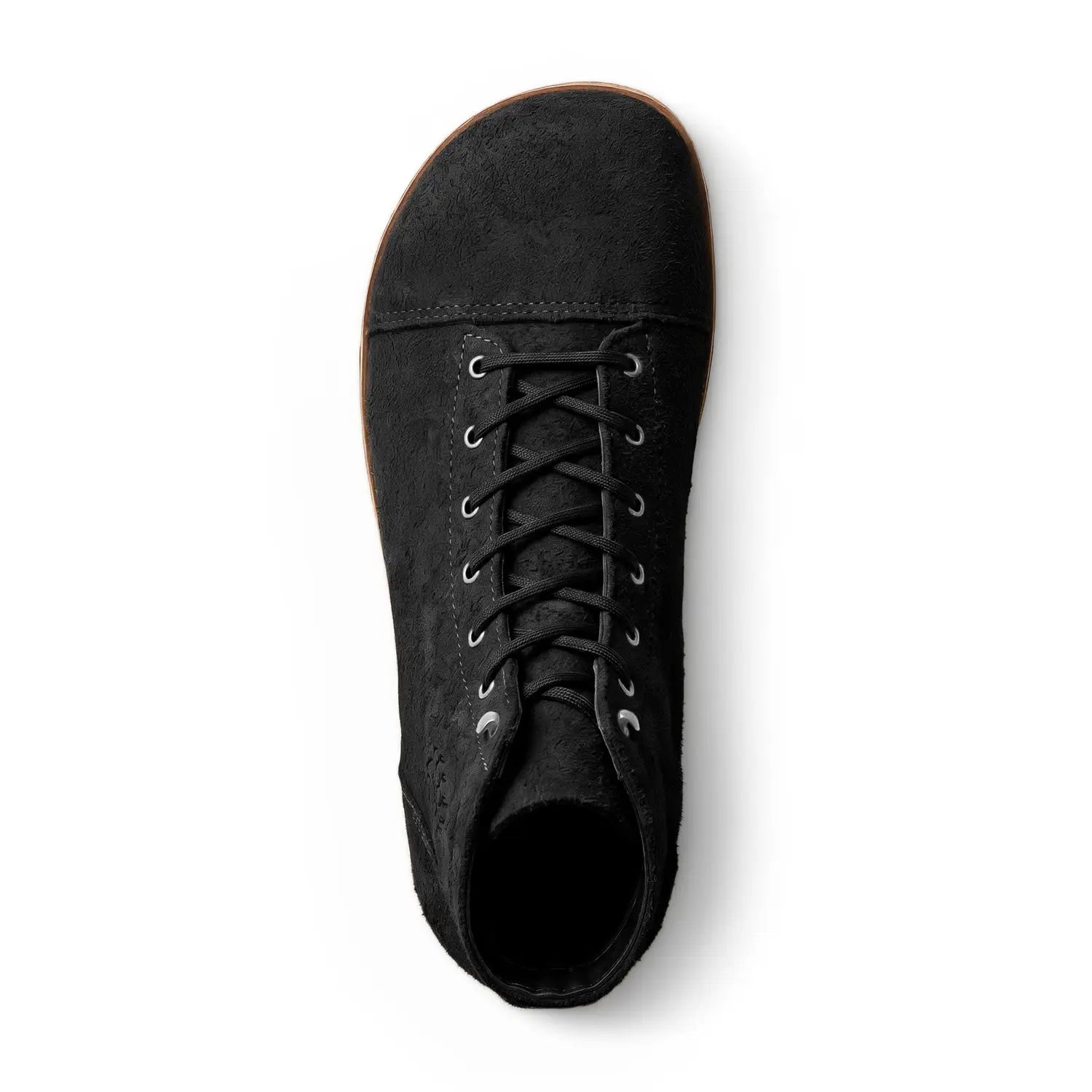 Ursidae-patriot night rider black suede high-top sneaker with black laces and tan zero-drop sole
