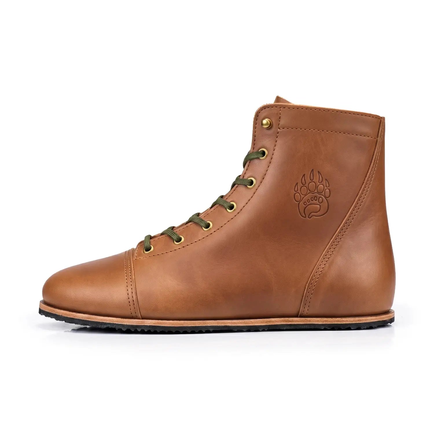 Ursidae-patriot crazy horse leather tan lightweight barefoot boot with olive laces brass paw print emblem and wide toe box