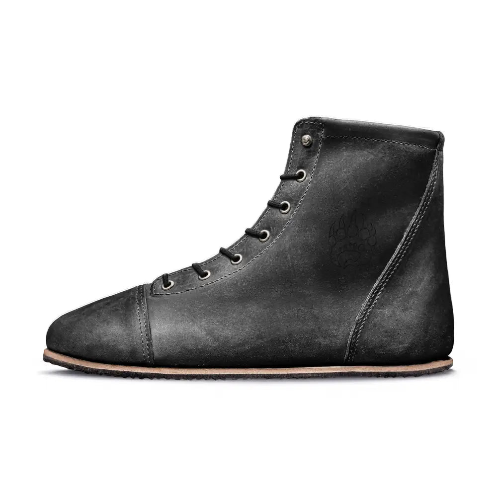 Black Ursidae-Patriot lightweight barefoot boot in matte leather with embossed logo