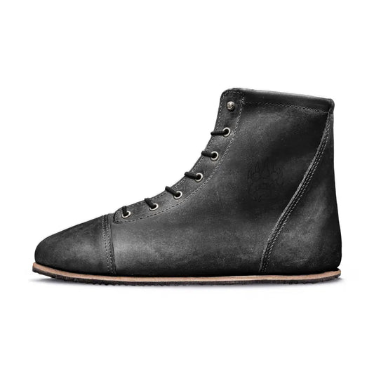 Black Ursidae-Patriot lightweight barefoot boot in matte leather with embossed logo